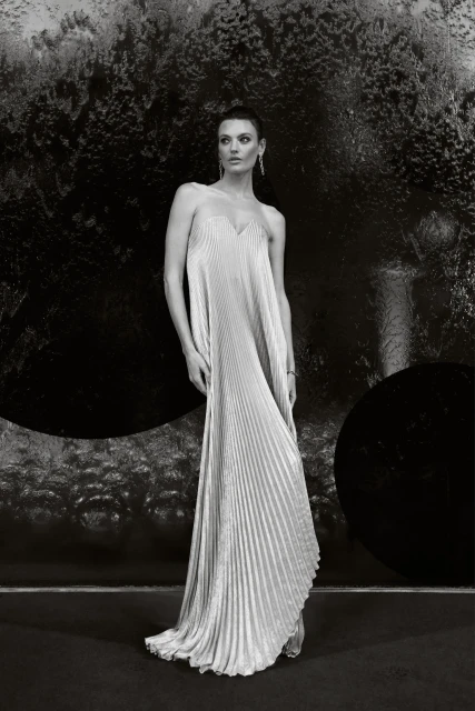 Elegant adult female in a silver gown posing in a studio with a textured black backdrop, wearing jewelry and styled hair.